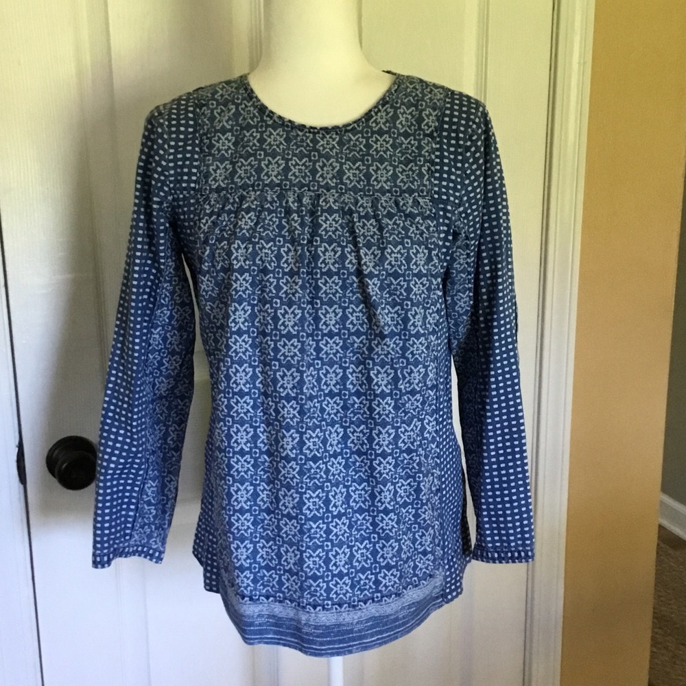 J. Crew Blue and White Boho Smock Top  Long-Sleeve Blouse Size 10